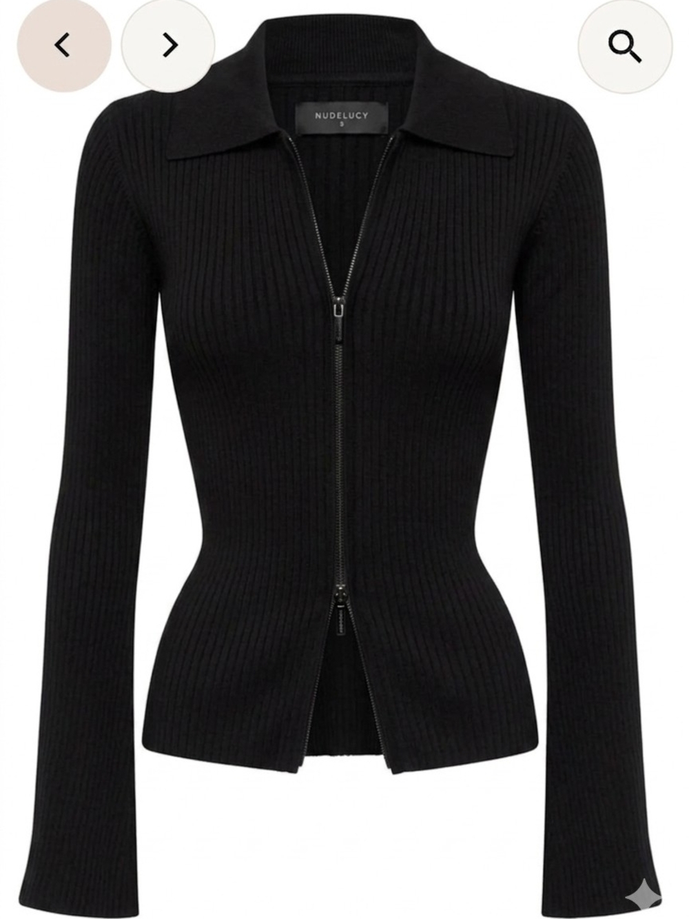 Nude Lucy Black Ribbed Zip-Front Sweater